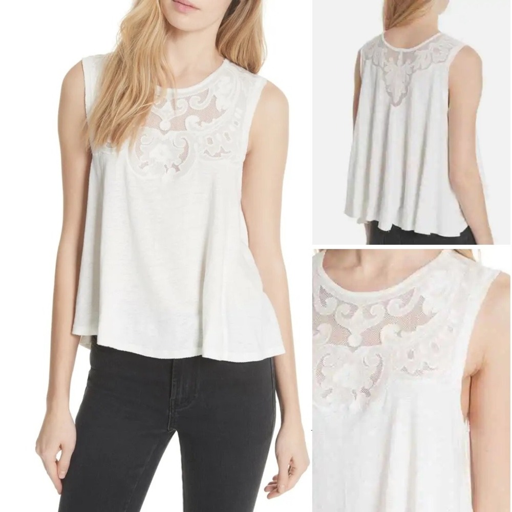 Free People Meant‎ To Me Ivory Linen Blend Lace Mesh Yoke Sleeveless Tank Top M
